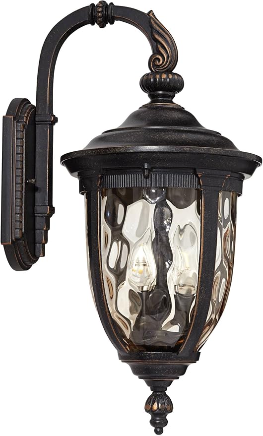 John Timberland Bellagio Vintage Outdoor Wall Light Fixture Bronze Brown Metal 20 1/2" Champagne Hammered Glass Curved Arm for House Porch Patio Outside Deck Garage Yard Front Door Garden Home