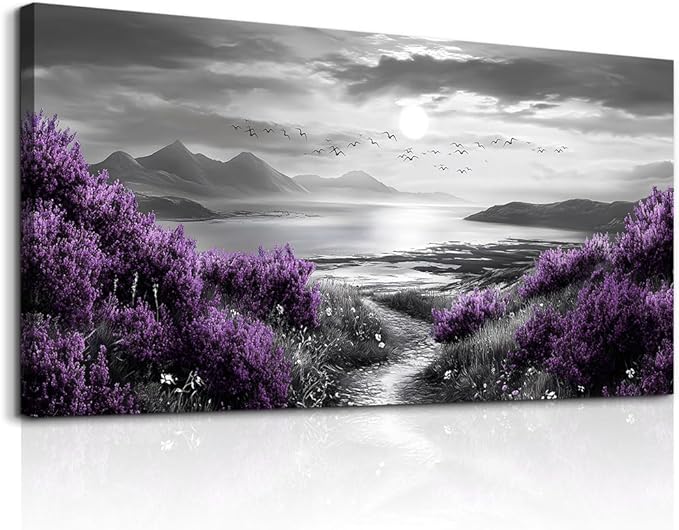 Canvas Wall Decor for Bedroom Large Wall Art for Living Room Modern Office Wall Decoration Purple Flowers Landscape Paintings Black and White Scenery Pictures Artwork Aesthetic Home Decor