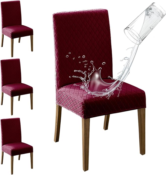 MOSAYT 100% Waterproof Dining Room Chair Covers Set of 4, Super Fit Stretch Jacquard Parson Chairs Slipcovers Removable Washable Chair Seat Protectors for Home, Kitchen, Banquet (Burgundy)