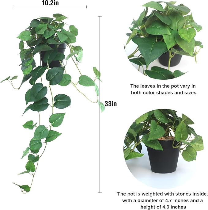 alyptus Fake Pothos Hanging Plants – 33" Set of 2 Faux Ivy Vines with Pots, Realistic Silk Devil’s Ivy for Indoor Décor, Low Maintenance Artificial Greenery for Home or Office (Green)