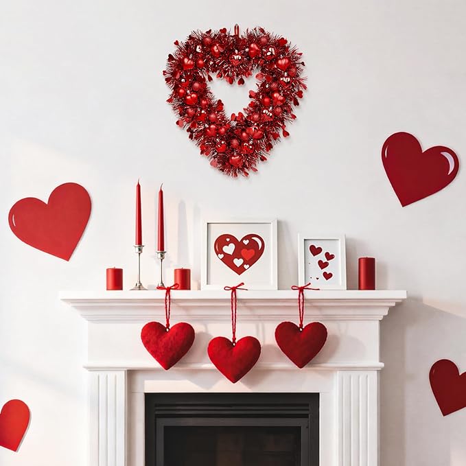 Valentines Wreath, 15.7" Red Heart Shaped Wreaths for Front Door with Tinsel Valentines Gifts Wall Decorations for Home Wedding Party Anniversary