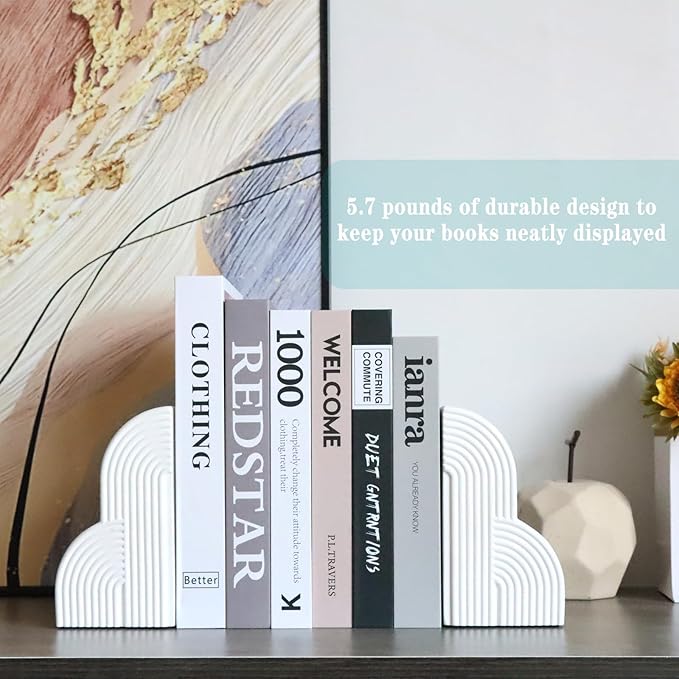 Decorative Book Ends for Heavy Books - Concrete Clound Aesthetic Bookends - Set of 2 Boho Book Stopper for Modern Home Office Bookshelf Decor (Concrete-White)