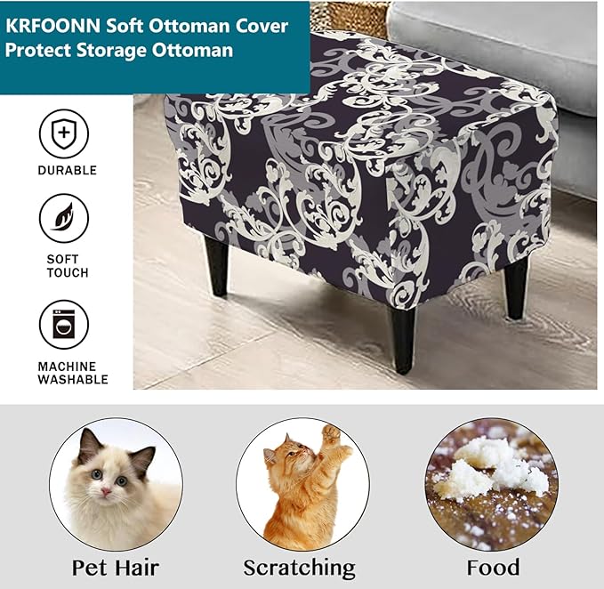 KRFOONN Stretch Ottoman Cover Slipcovers Rectangle Fit Length 55"-63" Footrest Stool Covers Printed Ottoman Cover for Foot Stool Furniture Protector with Non Slip Elastic Bottom, Color 31