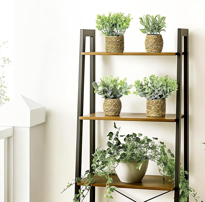 Small Fake Potted Plants: 7 Inches Artificial Plants with Seagrass Handwoven Planters, Indoor Farmhouse Decorations, Eucalyptus Plant for Home Bathroom Office Shelf Tabletop Desk Room Decor or Gift