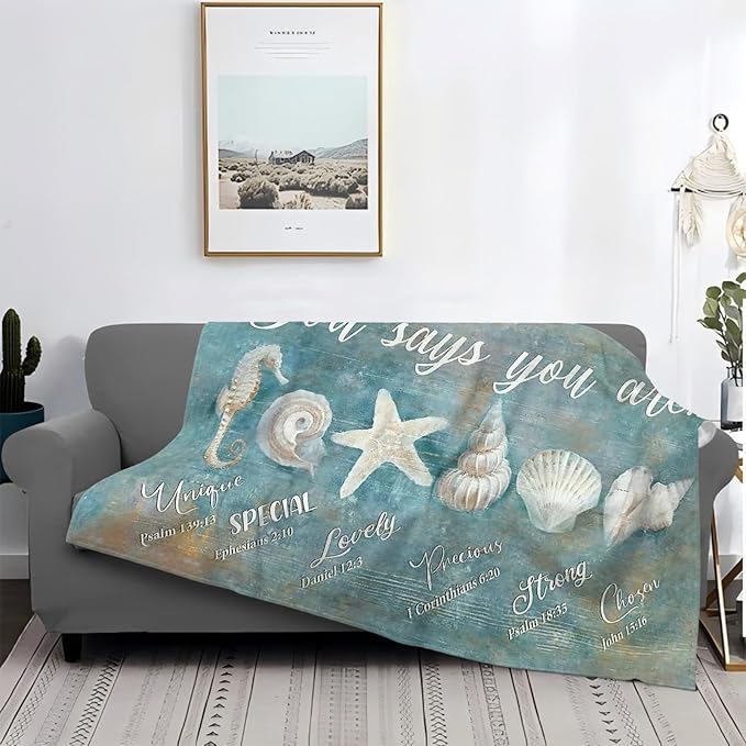 Tijuboni Ocean Seashells Throw Blanket - God Says You are - Beach Nautical Gifts for Women Men Girls Boys Kids Adults Soft Flannel Fleece Blanket for Couch Sofa Bed Home Decor 60"x80"