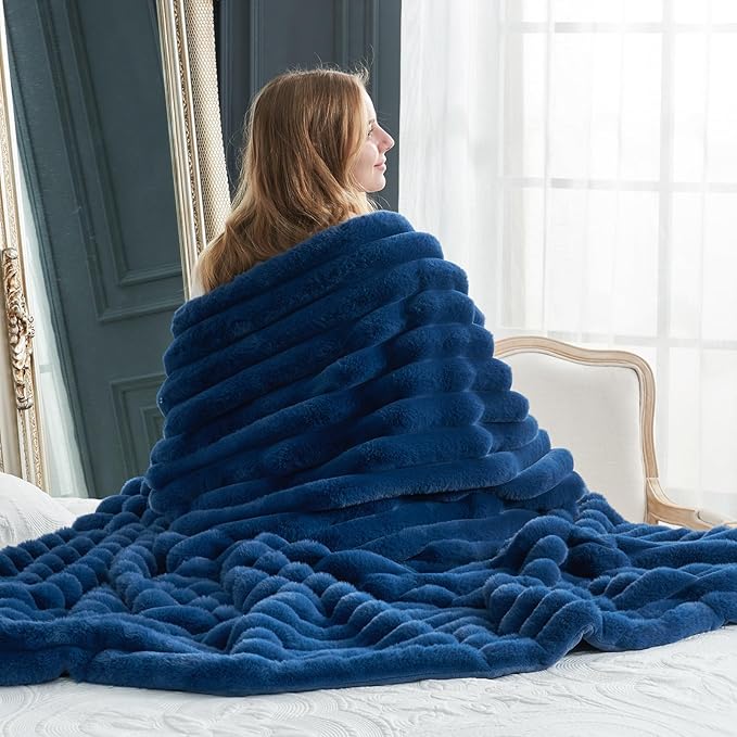 Cozy Bliss Faux Fur Throw Blanket for Couch, Cozy Warm Plush Striped Blanket for Sofa Bedroom Living Room, 50 * 60 Inches Navy Blue
