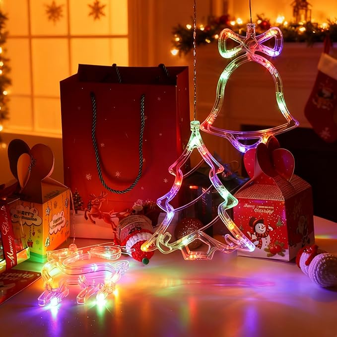 Christmas Window Lights Decorations - 3Pcs Christmas Lights Indoor w/Timer Window Decor Bell Tree Reindeer Battery Powered Hanging Multicolor Xmas Lights Suction Cups Hooks for Tree Fireplace