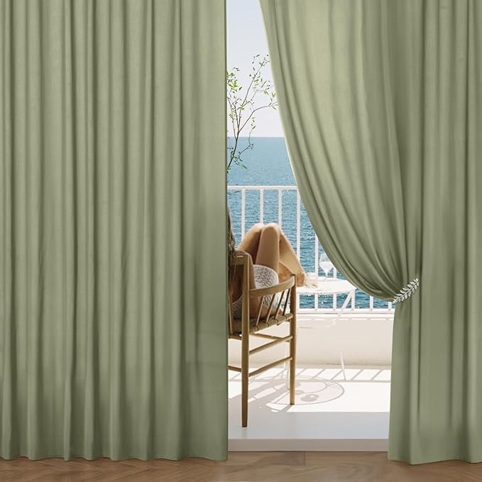 EMEMA Privacy Sheer Curtains 96 Inches Long, Non-See-Through Light Filtering Semi Sheer Curtains for Living Room Bedroom, Window Drapes That Let Light in, Sage Green, 52x96 Inch, 2 Panels