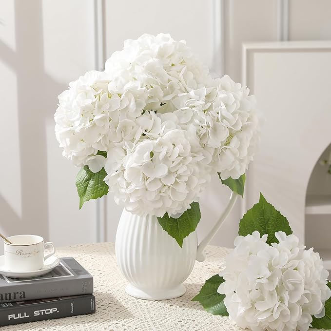 JUSTOYOU 3 Pcs Real Touch Hydrangea Artificial Flowers 22.8" Lifelike Latex White Hydrangeas Fake Hydrangeas for Home Decor Party Wedding Bouquets Table Centerpieces Floral Arrangements Indoor Decor