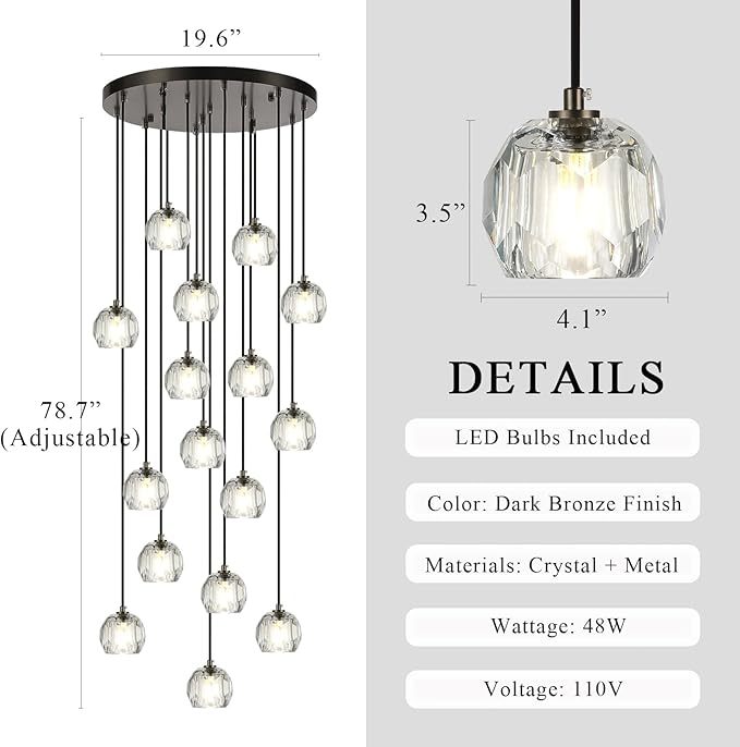Large Crystal Pendant Light Fixtures, LED Round Ceiling Hanging Lamps, Modern Raindrop Black Chandeliers for Dining Room Staircase Living Room Farmhouse
