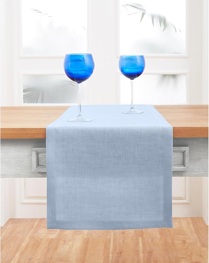 Solino Home Linen Sky Blue Table Runner 48 Inches - 100% Pure Linen Short Table Runner 14 x 48 Inch Ideal for Dresser and Coffee Tables - Fete - Spring, Easter
