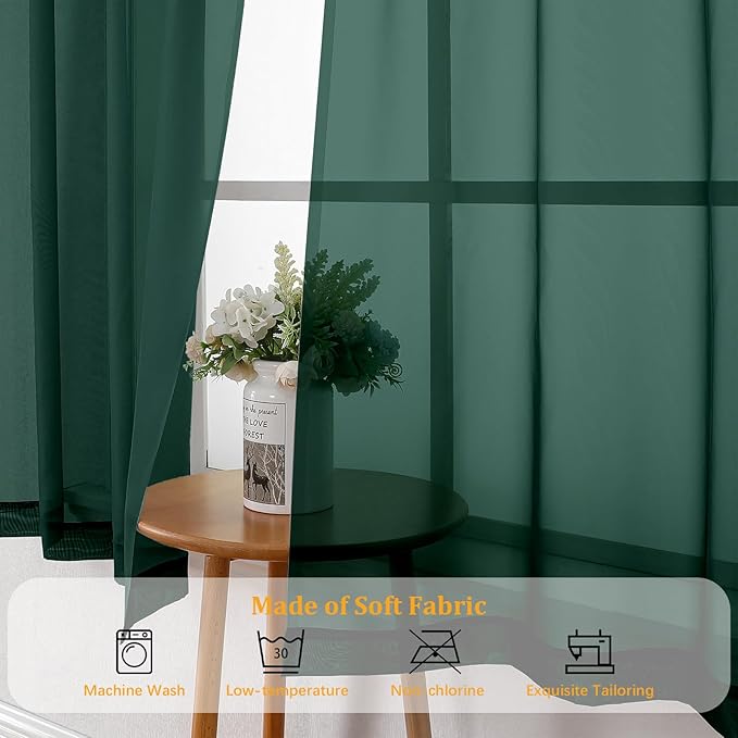 Gwine Hunter Green Valances for Windows, Small Light Filtering Rod Pocket Cafe Valance Curtains, Soft Sheer Curtain for Bathroom Laundry Basement, 42Wx14L inch, 2 Pieces