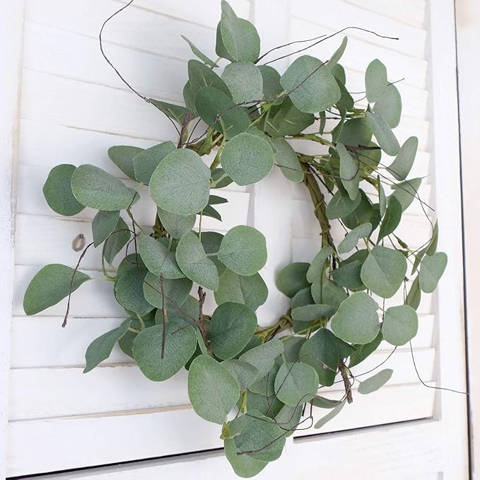 idyllic Eucalyptus Leaves Wreath Metal Polyester Green Wreath 14 Inches for The Front Door Décor, 4 Pack