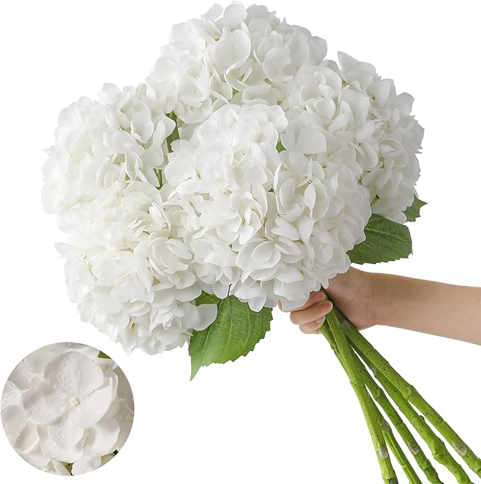 JUSTOYOU 5 Pcs Real Touch Hydrangea Artificial Flowers 22.8" Lifelike Latex White Hydrangeas Fake Hydrangeas for Home Decor Party Wedding Bouquets Table Centerpieces Floral Arrangements Indoor Decor
