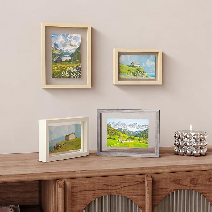 Egofine 6x8 Floating Frames Set of 2, Double Plexiglass Picture Frame, Made of Solid Wood Display Any Size Photo up to 6x8, Wall Mount or Tabletop Standing, Beige