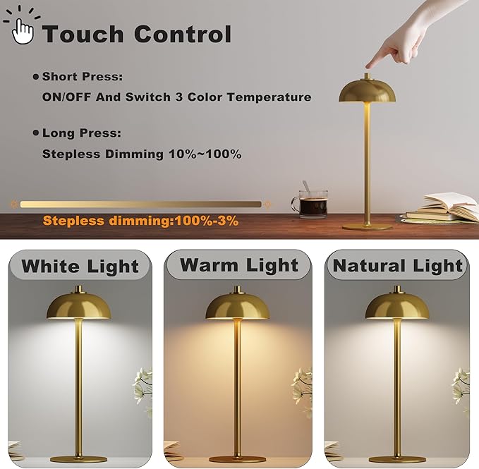 2 Pack Cordless Table Lamp, 5000mAh Portable Rechargeable Table Lamp, 3 Color Modes Stepless Dimming Table Light with Memory Function, for Dinner, Patio, Home, Restaurant.(Brushed Gold)