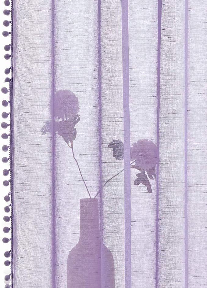 Treatmentex Pompom Sheer Curtain Panels for Living Room Girl's Redroom 52" x 108" Lilac Slub Textured Sheer Window Drapes for Salson Party Ceremony Birthday Décor 2 pcs