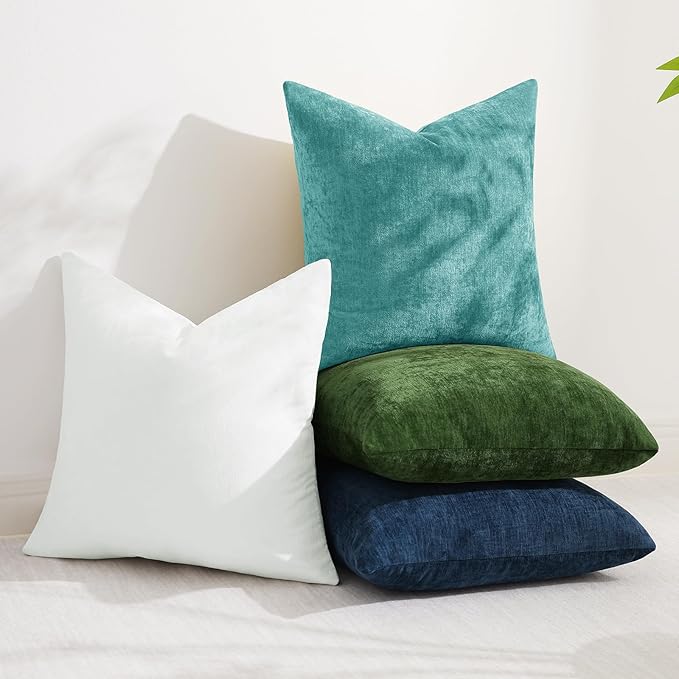 decorUhome Chenille Turquoise Throw Pillow Covers 22x22 Inch Set of 2, Decorative Soft Couch Pillow Covers Solid Dyed Accent Farmhouse Neutral Square Pillow Cases for Sofa Bed Living Room