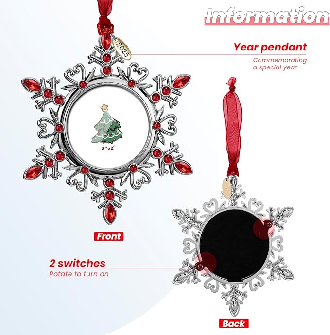 2025 Snowflake Picture Frame Christmas Ornaments 2" Metal Hanging Pendant for Tree Small Decorative Keepsake, Display Photo for Baby and Pet (Red (2025))