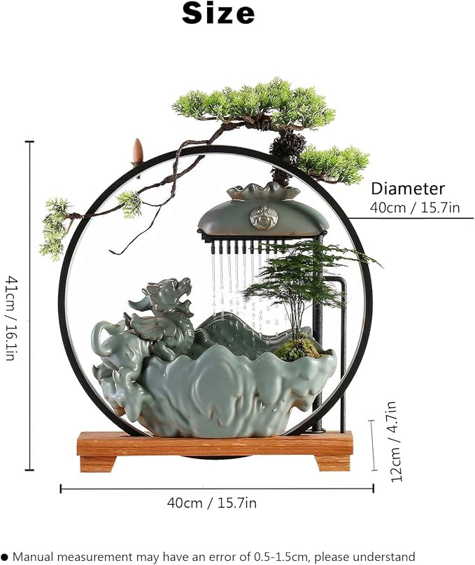 Waterfall Fountain Indoor with Mist, Tabletop Water Fountain,Desk Chinese Ceramic Pixiu Statue with LED Light Ring and Backflow Incense Burner Holder