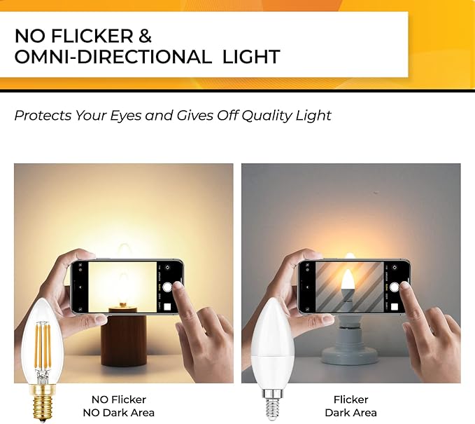 Hizashi E12 LED Bulb Dimmable 40W Equivalent, Candelabra Light Bulbs 90+CRI 4W Daylight 5000K 450LM B10 LED Candle Bulb with Candelabra Base, UL Listed, 6 Pack