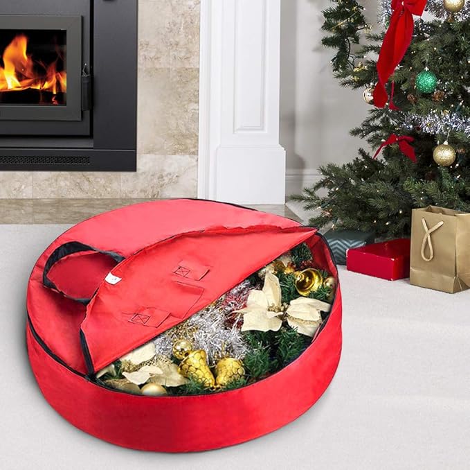 Primode Heavy Duty Christmas Wreath Storage Bag 48" - Handles Made Of Durable 600D Oxford Polyester Material Storage Bag Extra Large 48” Holiday Wreaths Container (Red)