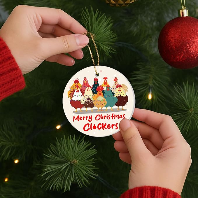 Funny Chicken Ornament 2025 – Ceramic Merry Christmas Flockers Xmas Hanging Farmhouse Hen Rooster Holiday Tree Decoration Gift