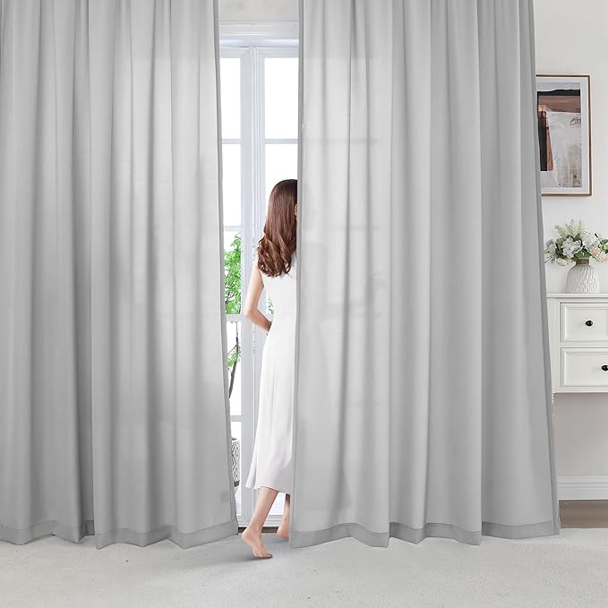 H.VERSAILTEX Sheer Curtains 95 inches Long Non-See-Through Farmhouse Curtains for Living Room Light Filtering Semi Sheer Panels for Bedroom Privacy Window Drapes 2 Panels Rod Pocket, Grey
