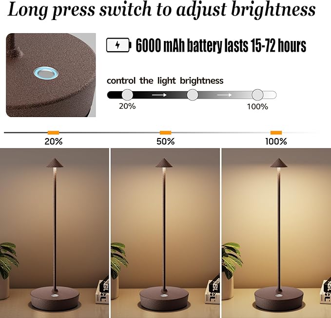 2Pack Rechargeable Cordless Table Lamp, Portable Powered LED Battery 6000mAh Metal USB Desk Lamp, 3 Levels Brightness Light for Restaurants Outdoor (2pack ferruginous)