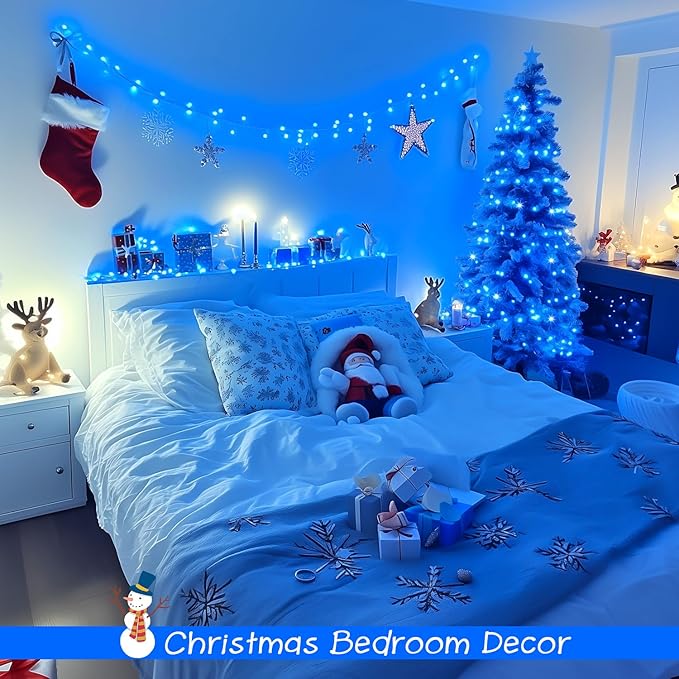 JMEXSUSS 2 Pack 100 LED Blue Christmas Lights Indoor Outdoor, 33ft Connectable Christmas String Lights Plug in, 8 Modes Clear Wire Blue LED Lights for Xmas Tree Yard Bedroom Party Fireplace Decoration