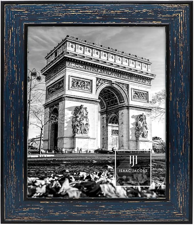 Isaac Jacobs 8x10 Navy w/Gold (Vertical & Horizontal) Double Border Picture Frame w/Black Fabric Easel, Wall-Mountable, Made for Tabletop & Gallery, Home or Office (8x10, Navy W/Gold)