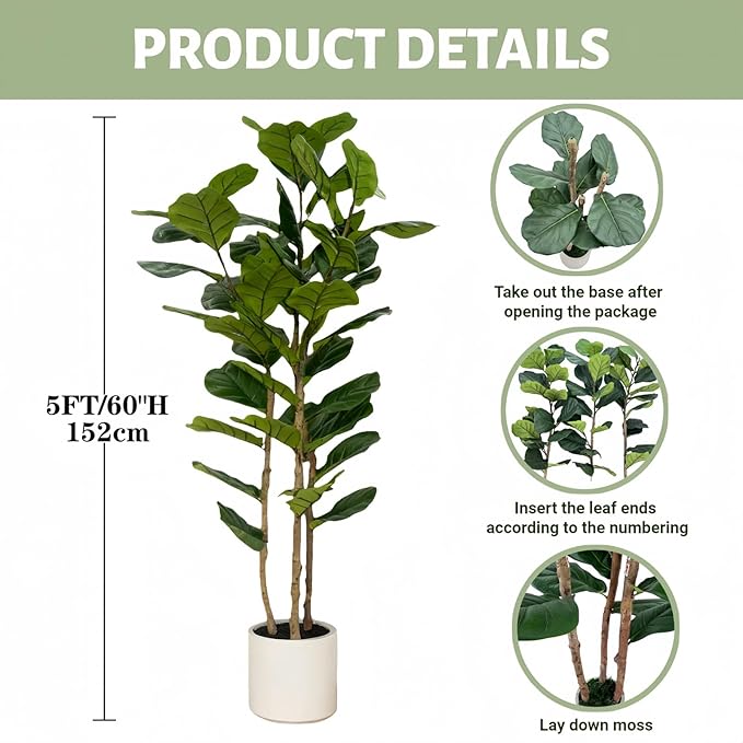 Artificial Tree with White Planter - Artificial Plants Indoor,Faux Tree Fake Floor Plant in Pot for Home Office Living Room Decor Indoor (Lyrata 5ft)