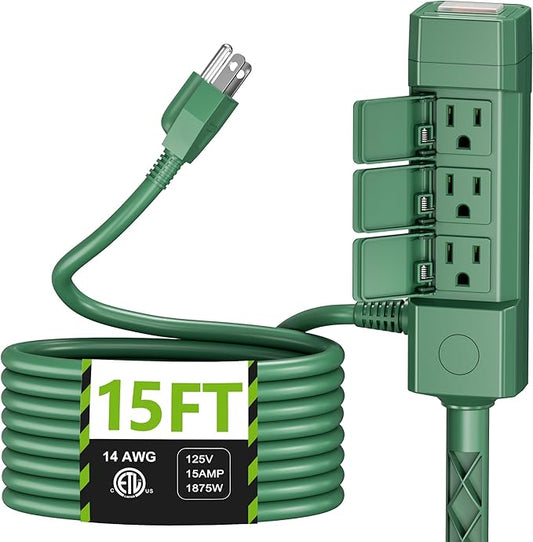 BN-LINK 15ft Outdoor Extension Cord Waterproof with Power Stake, 6-Outlet Power Strip Weatherproof, 14/3 SJTW Heavy Duty Power Cord for Outdoor String Lights and Christmas Decorations, ETL