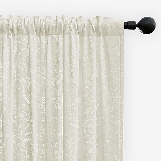 Anmao Beige Semi Sheer Light Filtering Curtains 102 Inches Long 2 Panels, Leaf Pattern Drapes for Living Room Bedroom, Rod Pocket Sheer Window Treatments with Floral Design, 52x102 Inch