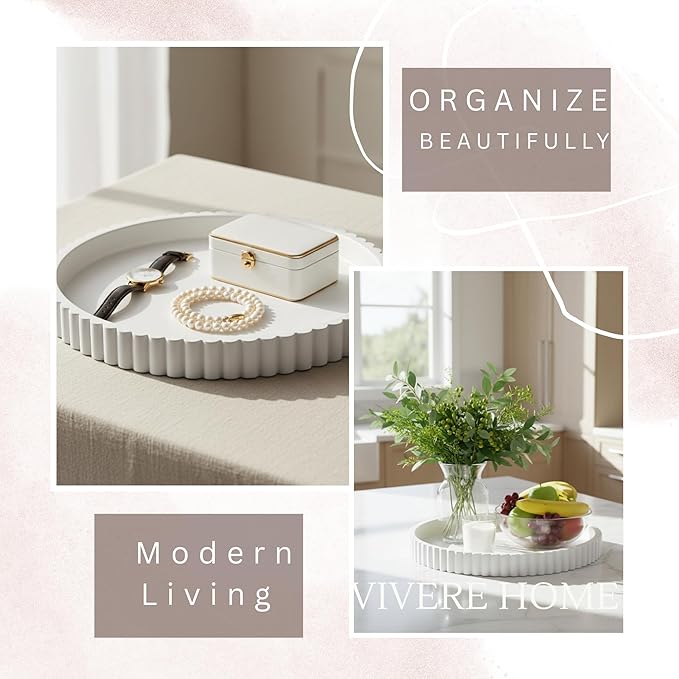 13-Inch Round Coffee Table Tray - Concrete bandejas decorativas Round White Decorative Tray for Coffee Table Decor - Table Centerpieces Kitchen Island Trays Decorative Trays - Dining Room Tray White