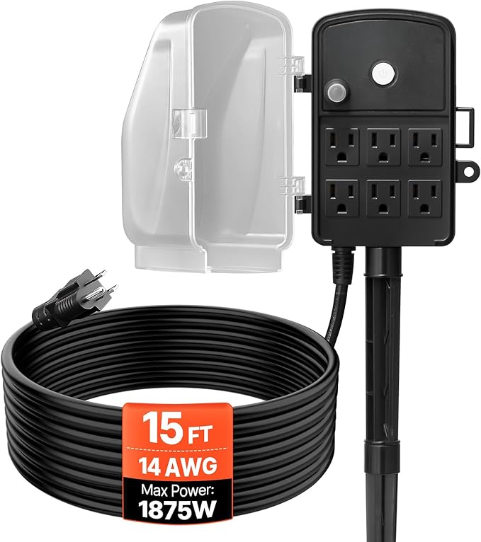 VEVOR Outdoor Power Stake, 15 FT Extension Cord, Outdoor Power Strip Weatherproof with Cover and Overload Protection, 6 Outlets, 15A/1875W, Waterproof Multi-Outlet Yard Stake for Christmas Lights