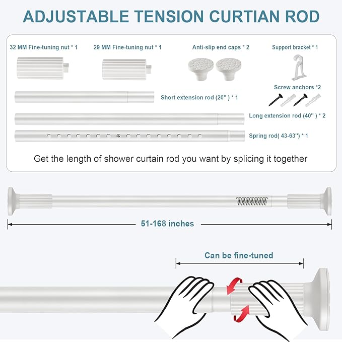 ZOCONE Tension Curtain Rod 51-168In(4-14Ft),No Drill Curtain Rods for Window Outdoor Patio,Adjustable Shower Curtain Rod for Bathroom Renter Friendly,Heavy Duty Extra Long Tension Rod Never Rust,White
