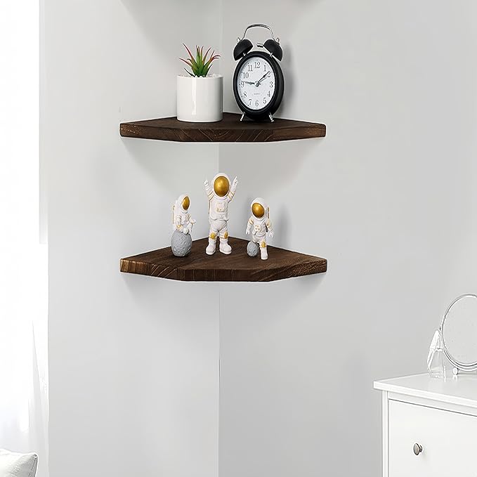 Joiishom Wood Corner Wall Shelves Set of 2, Solid Wood Corner Floating Shelves, Round End Wall Mounted Floating Corner Shelf for Bedroom, Living Room and Kitchen. (Brown-12 inch)