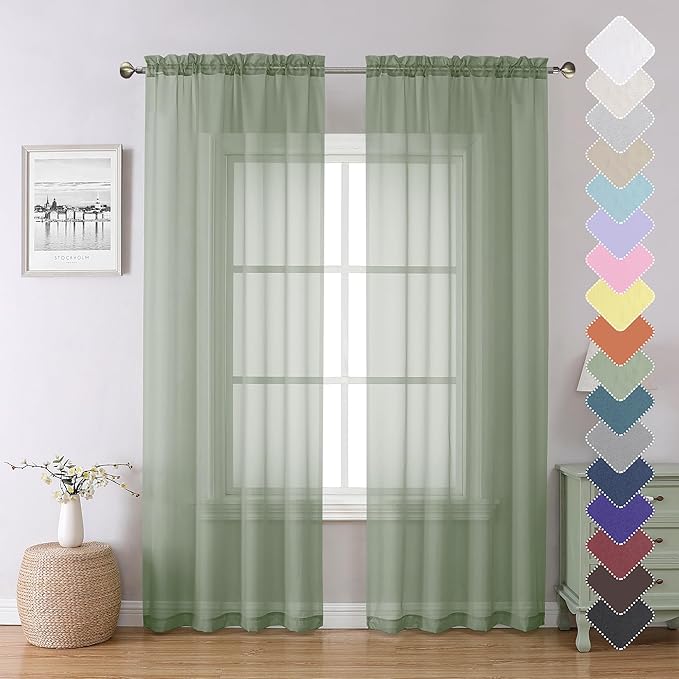 Lecloud Sage Green Sheer Curtains 84 Inches Long 2 Panels Set, Solid Voile Light Filtering Airy Window Treatments for Living Room, Elegant Bedroom Sheer Curtain Drapes, Sage Green, 40" W x 84" L