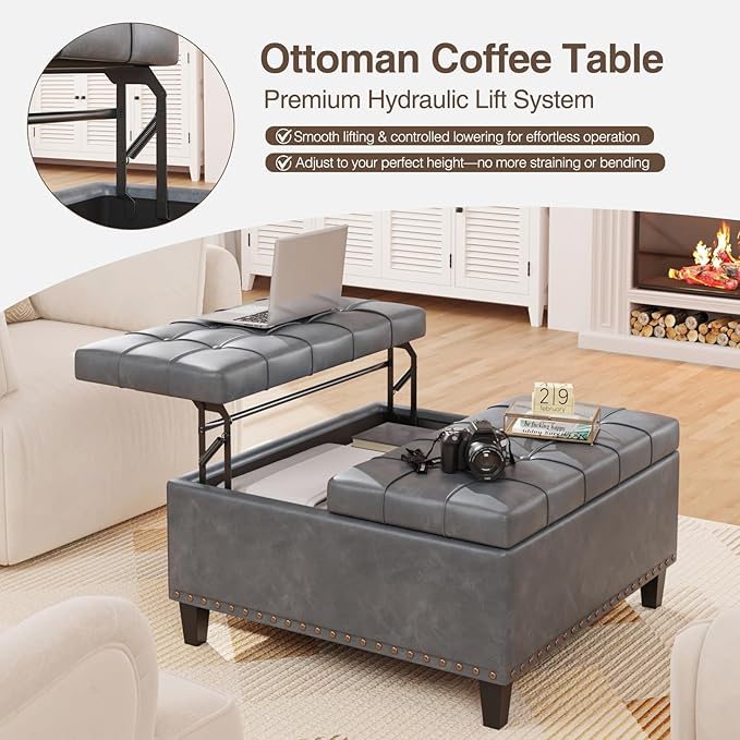 Square Leather Ottoman with Storage, Faux Leather Coffee Table with Lift Top,Large Upholstered Footrest Stool Toy Box Storage Bench for Bedroom Living Room, Grey