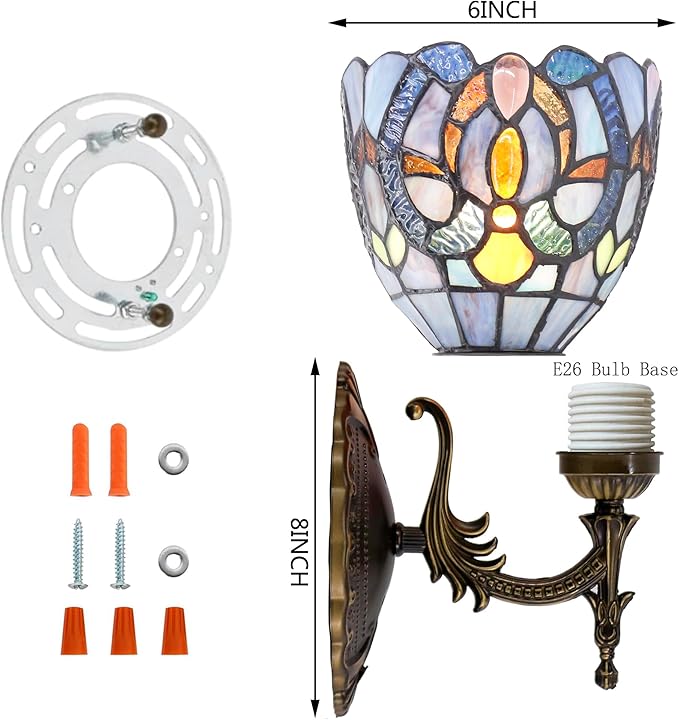 Tiffany Wall Sconce Lamp Plug in 6X8.5X11 Inch Stained Glass Wall Light Mount Fixture for Hallway Bedroom (Blue Purple)