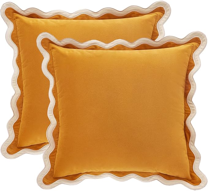 MONDAY MOOSE Decorative Throw Pillow Covers Cushion Cases, Set of 2 Soft Velvet Scalloped Wavy Edge Designs, Mix and Match for Home Decor, Pillow Inserts Not Included (20x20 inch, Cream/Honey)