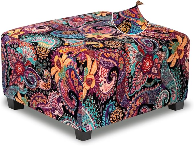 Large Ottoman Cover Square Slipcovers Printed,Stretch Footrest Stool Cover for Ottoman Square,Soft Foot Stool Cover Protector with Nonslip Elastic Bottom (Large,Purple)