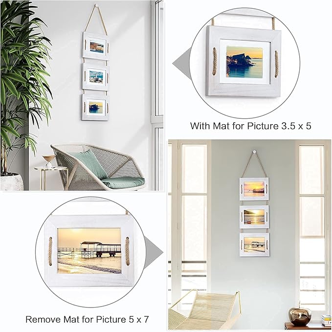 DLQuarts 5x7 Hanging Picture Frames Collage Wall Decor, 3-Opening Photo Frame 5x7 Without Mat & 3.5x5 with Mat, Rustic Wood 3-Frame, Vintage White