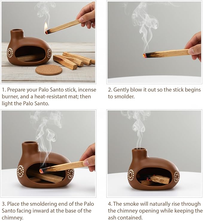 Palo Santo Sticks Holder, Handmade Ceramic Palo Santo Holder Burner for Burning Cone or Resin Incense, Smudge Sticks and Tealight, Chiminea Incense Holder for Meditation, Cleansing Negative Energy