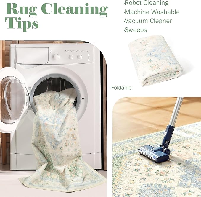 MUJOO Washable Runner Rug,2x6 Runners for Kitchen Bathroom Hallway Bedroom Entryway Laundry,Non Slip Long Mat Indoor,Boho Throw Carpet Low Pile Light Green and Blue