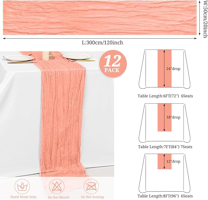 12 Pack Coral Cheesecloth Table Runner 10FT Cheese Cloths for Wedding Decor, 20x120inch Rustic Boho Gauze Table Runners for Wedding Party Bridal Shower Table Decoration