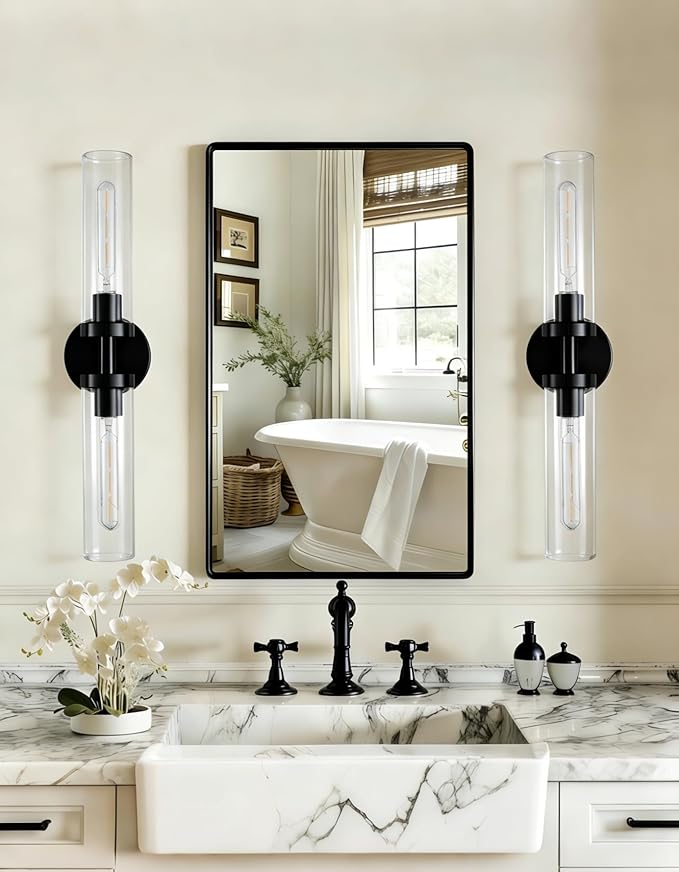AT-VALY Wall Sconces Set of Two,Vanity Light Fixtures with Clear Glass,Modern Sconces Wall Decor for Bathroom, Living Room Mirror (Matte Black)