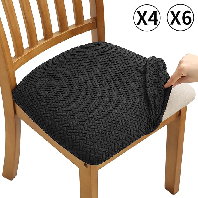 Fuloon Stretch Seat Cushion Covers 4 PCS, Washable Chair Seat Slipcover Chair Cover Dining Room for Hotel, Ceremony, Banquet Wedding Party (Black, 4)
