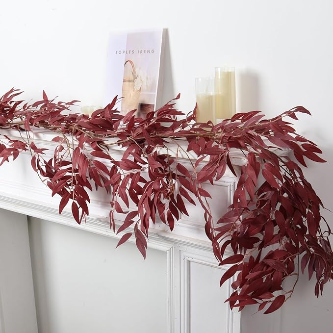 RECUTMS Artificial Hanging Willow Leaves Vine Twigs 2Pcs 5.7Ft Fake Silk Burgundy Leaf Ivy Fall Garland Faux Greenery Indoor Outdoor Valentines Day Wedding Birthday Christmas Thanksgiving Party Decor